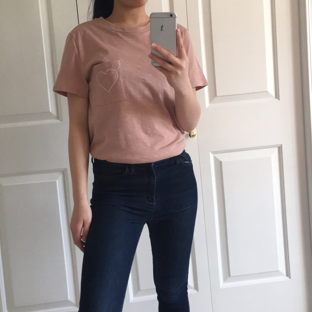 BELOVED - Dusty Pink Heart Embroidered With A Front Pocket Casual T-Shirt Tee - Picture 5 of 7